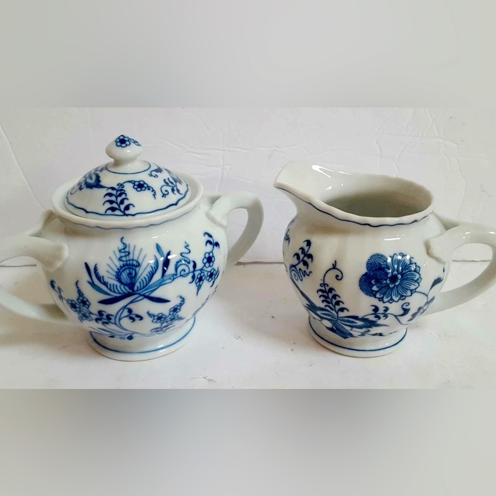 VTG Blue Danube  BLUE ONION Cream & Sugar Bowl Set 3 Piece Japan Rectangle Mark